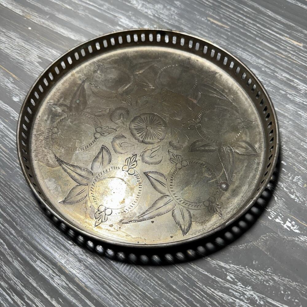 Vintage Unpolished International Silver Plated Etched Tray Made in India Brass